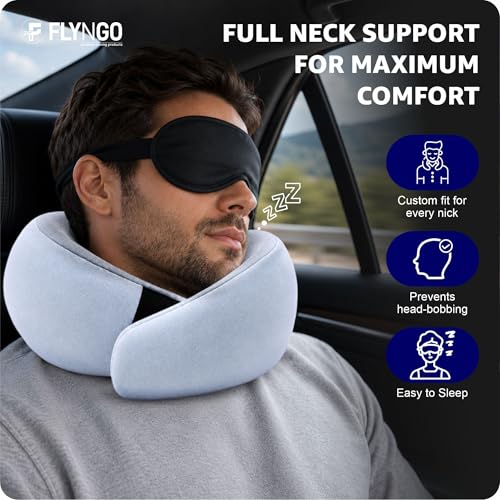 Image of FLYNGO Memory Foam Neck Pillow for Travelling, Car, & Flight Head Rest Travel Neck Support Pillow with Adjustable Velcro Strap, Eye Mask (Ice Blue)