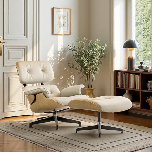 Image of Top Cream White Grain Leather, Mid Century Chaise Lounge Chair and Ottoman, Modern Chair Classic Design, Ash Wood, Heavy Duty Base Support for Living Room Office