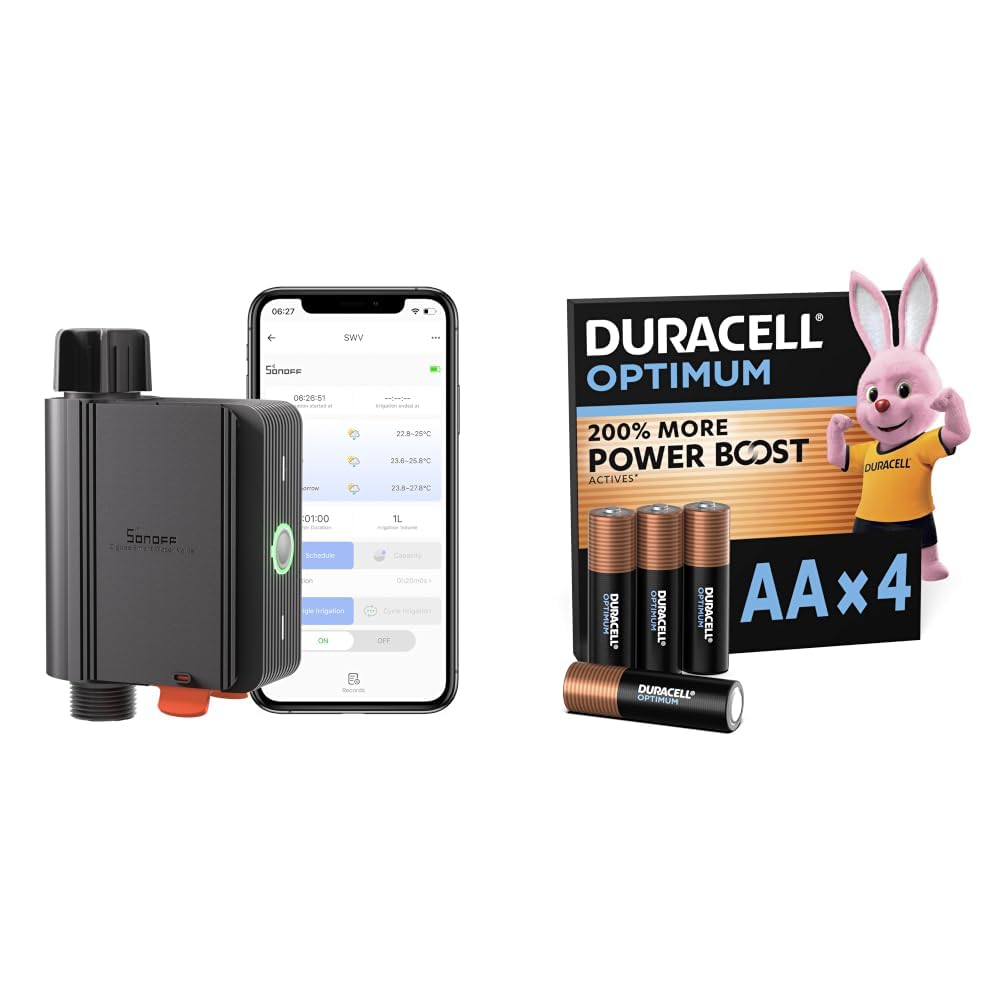 SONOFF Programador Riego Automatico, Temporizador Riego pour Jardín, Riego Programado y Racionado，Mando a Distancia，Fácil Instalación，Requiere Zigbee 3.0 Hub + Duracell Optimum pack de 4 AA