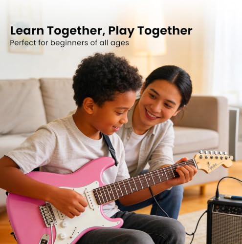 Image of Fender Squier Stratocaster Electric Guitar, Beginner Guitar, with 2-Year Warranty, Includes Free Lessons, Flash Pink with Matte Finish