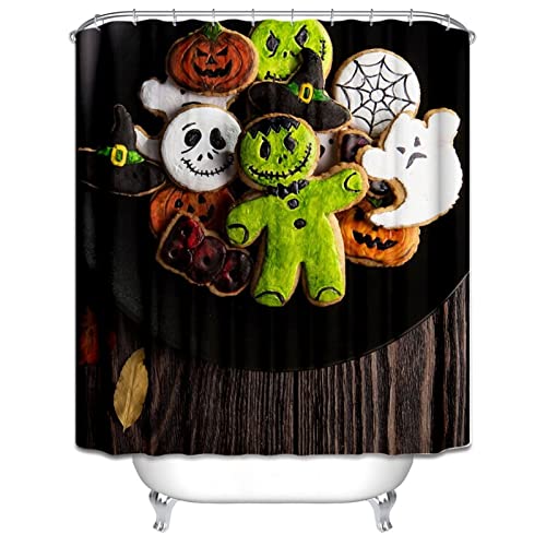 EHOMERY Duschvorhang Ohne Bohren L Form Duschrollo Ohne Kasette Halloween-Plätzchen Duschvorhang Halterung Ohne Bohren Duschrollo Austausch Polyester 12 Hakenringe, 180X180Cm