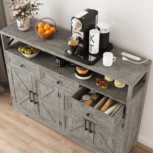 Image of 51 inch Farmhouse Buffet Sideboard Cabinet with Drawers and Barn Doors, Storage | Cabinet with Shelf, Kitchen Pantry Cabinet Hutch, Coffee Bar Station for Kitchen, Dining, Living room, Washed Grey
