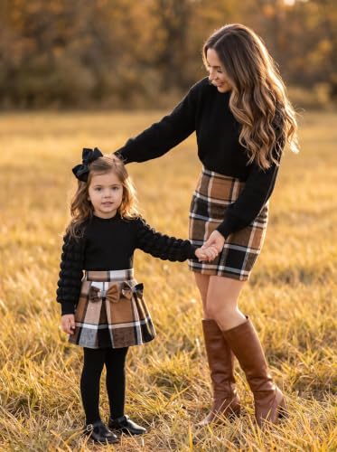 Image of Noubeau Toddler Girls Plaid Outfits Girls Puff Sleeve Knit Ribbed Shirt Tops Plaid Skirt Set Kids Fall Winter Clothes