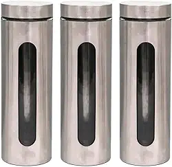 Kit Com 3 Potes Vidro Vítreo Grande Revestidos Em Inox 1,8L com Tampa Hermética e Visor - Ideal para Armazenar Macarrão, Arroz, Feijão, Açúcar, Grãos e Mantimentos - Organização Da Cozinha