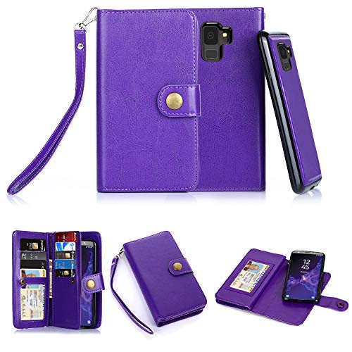Galaxy S9 Case, 10 Card Slot - ID Slot, Button Wallet Folio PU Leather Case Cover with Detachable Magnetic Hard Case for Samsung Galaxy S9 (2018 Release) - Purple