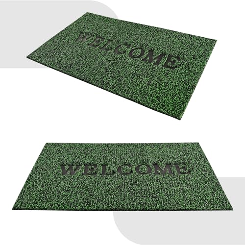 Image of Kuber Industries Pack of 6 Anti-Slip Welcome Print Grass Door Mats for Home| (16x24 Inch) Main Entrance Footmats for Bathroom, Living Room & Office | Grass Cut -Grey & Green