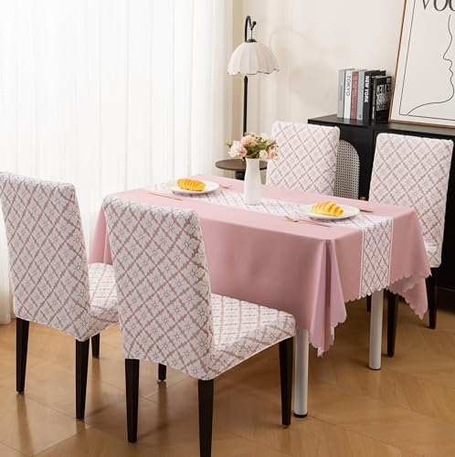 Image of HOMETHREADS Stretchable Elastic Jacquard Chair Seat Cover and Waterproof Dining Table Cover | Removable,Washable & Durable Chair Protector |for Dining Room (F Pink, 4Chairs+1Table Cover (150X180))