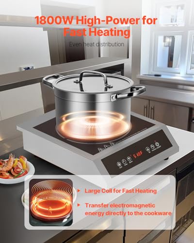 Image of VEVOR Portable Commercial Cooktop, 1800W Induction Burner with 9 Temperature Settings, Stainless Steel Countertop Induction Hot Plate with 3H Timer, Child Lock, for Restaurant Cooking