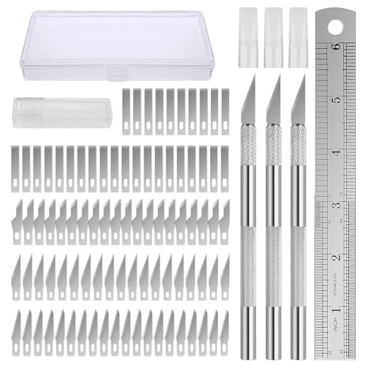 KAIYAYA Juego de 95 piezas de bisturí, incluye 3 cuchillos para manualidades, 90 hojas de bisturí, caja de plástico y regla de acero inoxidable, escalpelo, cuchillo para tallar