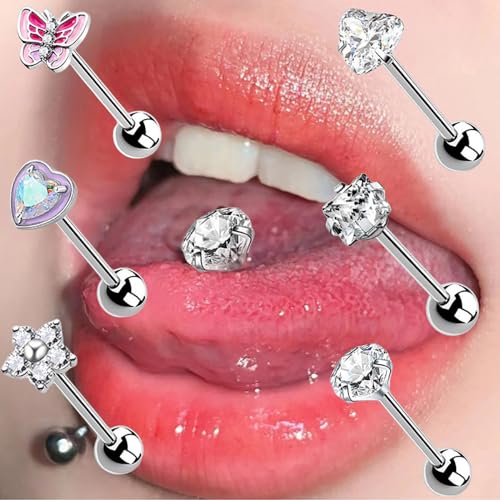 6Pcs Surgical Steel CZ Tongue Rings Sparkling Round Heart Flower Pink Butterfly Tongue Barbell Tongue Piercing Jewelry for Women2