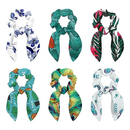 6 Pcs Hair Scrunchies -Tropical Green Palm Leaves Pattern Hair Scarf Scrunchy with Ribbon Bow, Elastic Hair Ties Ponytail Holders for Women Teenage Girls