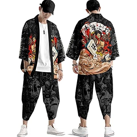 WYUKN Traditional Kimono Set,Japanese Style Kimono Men Pajamas Suit,Long Sleeve Trousers Set Couple Home Service,Black-M Cover