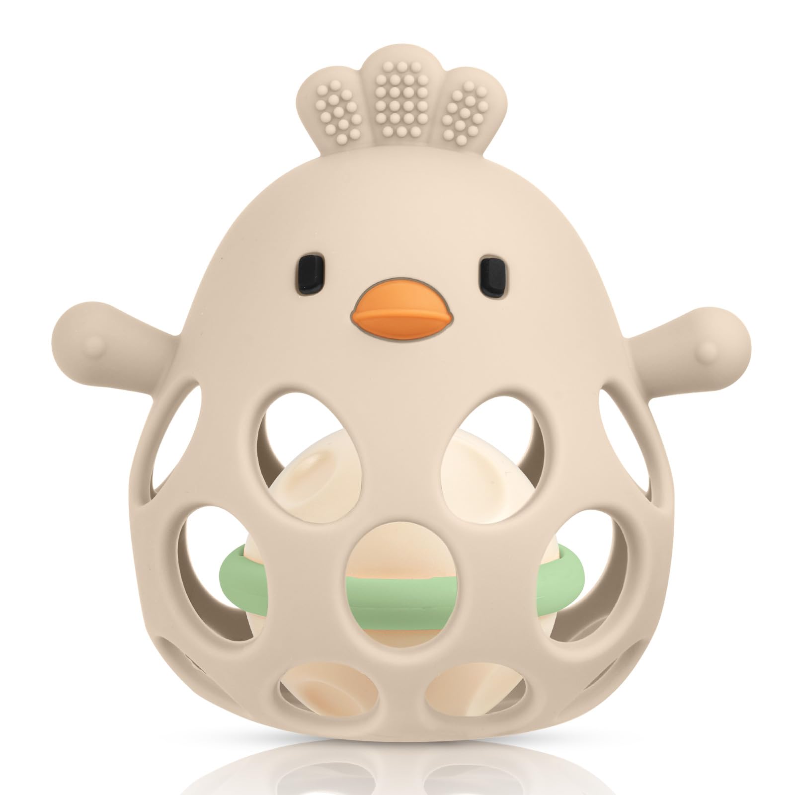 HOTUT Silikon Babyrassel Hühnchen, BPA-frei Spielzeug-Silikon Baby Ball Beißring, Weich Greifball für Babys, Baby Rassel Beißring Spielzeug für Neugeborene Kleinkinder (Beige)