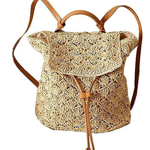 zyy Bolsas para Mujeres, Hecho A Mano Mochila De Paja con Cordón, Ganchillo Bolso Trenzado, De Vacaciones, Playa, Vacaciones, Beige Paja,Beige