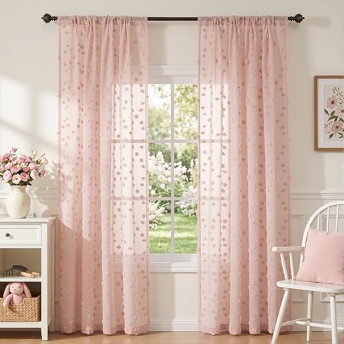 MYSKY HOME Pink Sheer Curtains for Girls with Pom Pom...