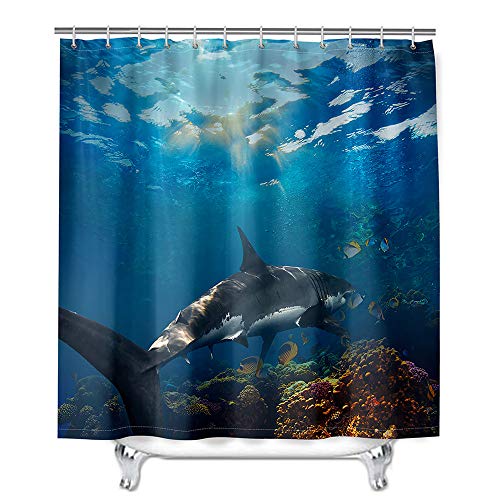 Mateju Wasserdicht Duschvorhang Anti-Schimmel, 3D Hai Tierdruck Duschvorhänge Waschbar Polyester Stoff Badvorhang mit 12 Duschvorhängeringen für Badewanne und Bathroom (Korallensee,120x180cm) Cover