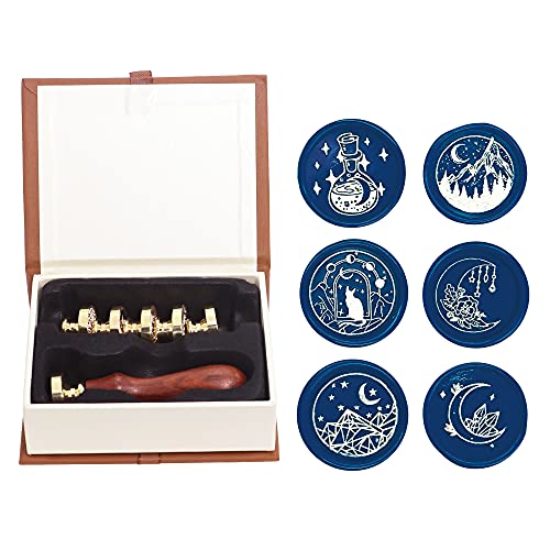 Swangsa Wax Seal Stamp Set, Vintage 6 Pieces Sealing Wax Stamp Heads + 1 Wooden Handle Sealing Stamp Kit (Moon Set) #TOP1