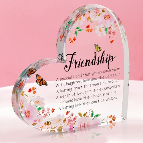 Image of Cute Best Friends Gift - Acrylic Heart Plaque With Beautiful Floral Decorative Ornament - Sweet Transparent Friendship Gift for Birthday