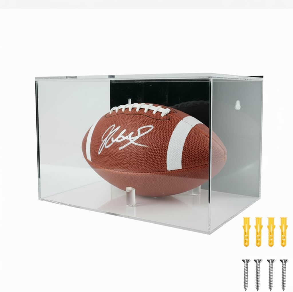 Full Size Football Wall Mount Display Case UV Protected Display Case with Black Back Sliding Door No Assembly Required for Football Fans & Collectors