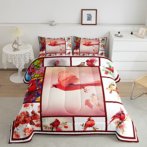 Erosebridal Red Cardinal Bedding Set Cardinals Birds Comforter Set for Kids Child,Green Pine Tree Branches Duvet Insert Cute Bird Animal Bed Quilt Patchwork Style Cardinal Decor for Bedroom