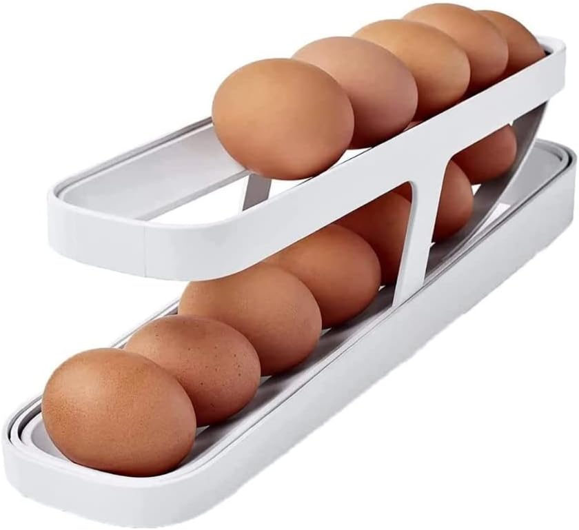 Soporte para huevos para refrigerador, contenedor de almacenamiento de huevos con ruedas automáticas de 2 niveles, dispensador de huevos con base