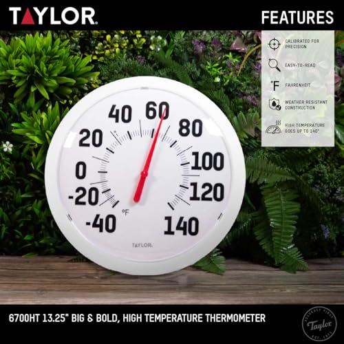 Image of Taylor Big & Bold Outdoor Wall Thermometer, 13.25-Inch Weather-Resistant Patio Thermometer for High Temperature Readings, Easy-to-Read Numbers for Garden, Porch, Deck, Backyard, or Indoor Use, White