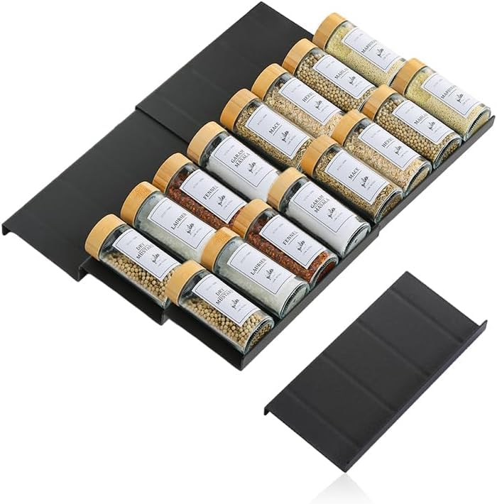 QKNOSM 6PCS Spice Drawer Organiser, Spice Rack for Inside Drawer Expandable Seasoning Rack Tray Spice Storage Adjustable Storage for 24 Spice Jars
