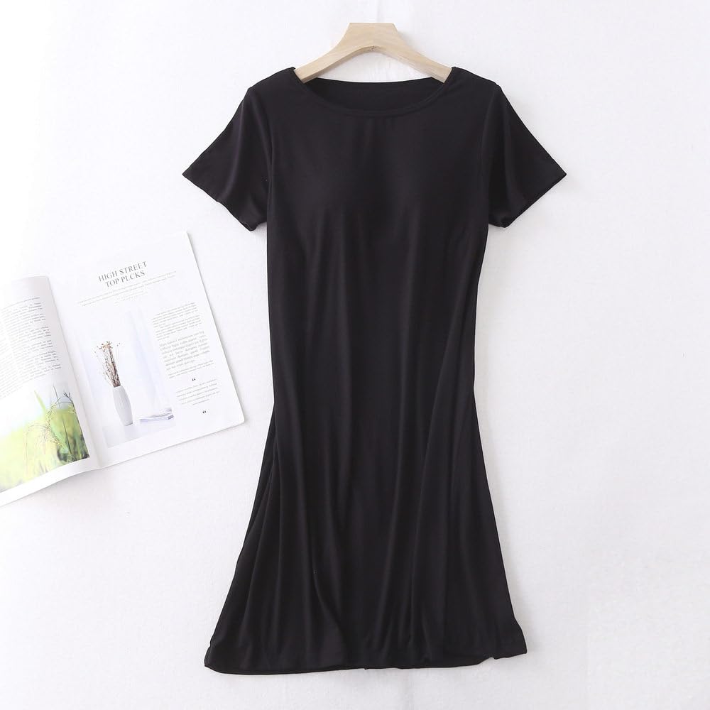Camisón Para Mujer - Camisón De Modal De Manga Corta Para Mujer, Ropa De Dormir De Verano Con Cuello Redondo, Mini Camisón Con Almohadilla En El Pecho, Ropa De Dormir Informal Holgada Para El Hog