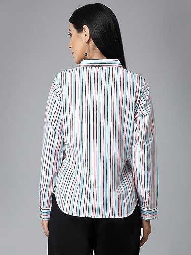 Image of Style Quotient Women Beige White Stripe Printed Formal Shirt