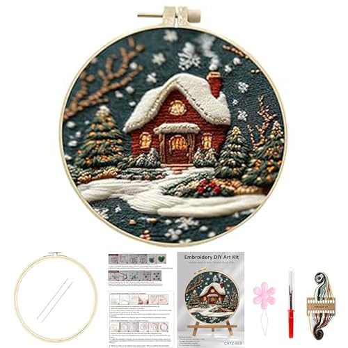 Image of Huacan Embroidery Kit for Beginners Adults, Easy Needlepoint Kits for Adults with Stamped Embroidery Patterns. (House)
