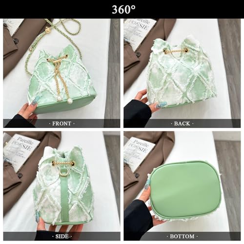 Image of Denim Bucket Bag Quilted Drawstring Jean Purses for Women Denim Clutch Hobo Bags Crossbody Handbag