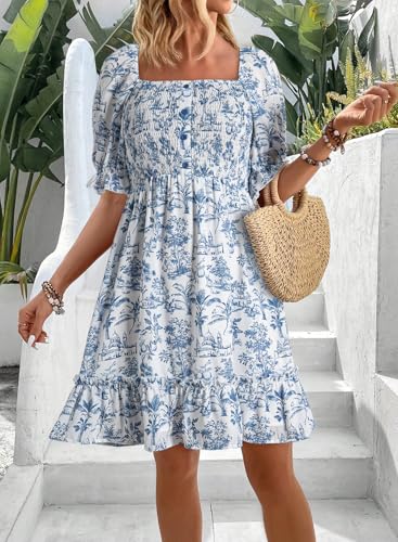 Image of Dokotoo Womens Casual Summer Dresses Short Sleeve Square Neck Smocked Boho Floral Sundress Flowy A-Line Mini Dress