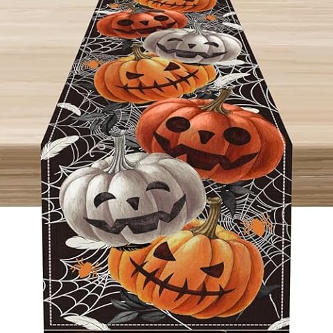 Halloween Table Runner,Gothic Skull Pumpkin Spider Web Halloween Tablecloth Day of The Dead Decor for Home Dining Room Holiday Kitchen Cafe Indoor Outdoor Party Supplies,13 x 90 Inches Cover