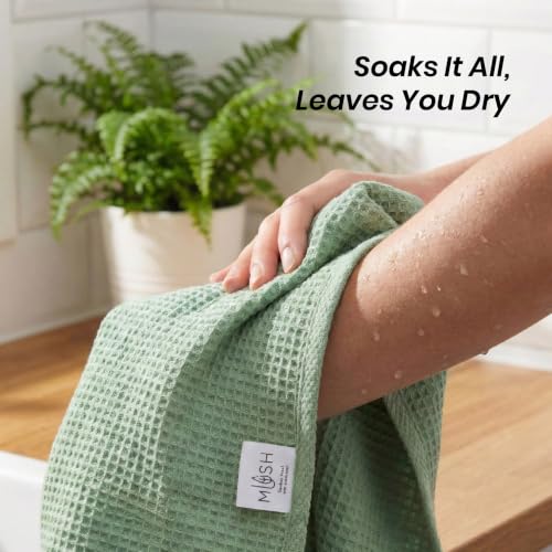 Image of Mush Bamboo Dual Texture Waffle Terry Bath Towel Set of 2 | 500 GSM Ultra Soft, Highly Absorbent, Quick Dry Towels | Large Towels for Bath, Gym, Spa | Misty Blue & Olive Green (70x140 cm)