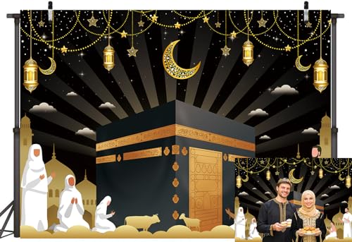 LTDKAEN Umrah Mubarak Backdrop Black Gold Ramadan Mubarak Party Decor Photo Banner Props (7x5ft)