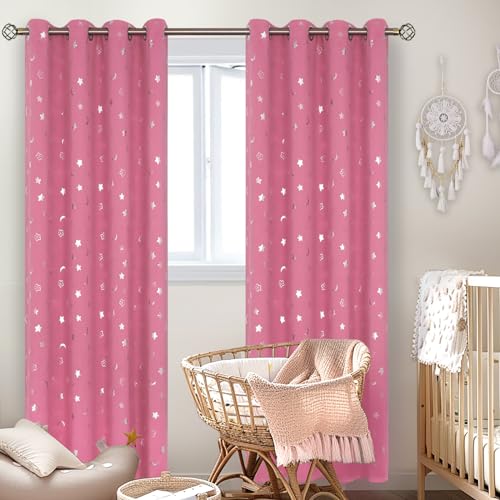 Image of BGment Pink Curtains for Girls Bedroom 84 Inch Length, Star and Moon Blackout Curtains for Kids Babys Bedroom, Room Darkening Thermal Insulated Window Grommet Curtains for Nursery, 52 Wide, 2 Panels