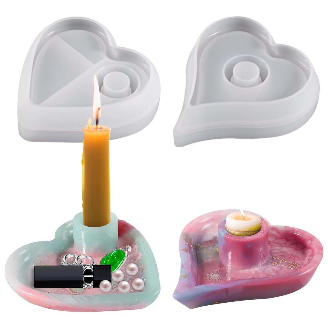 Voyyphixa 2PCS Heart Shape Resin Candle Holder Moulds