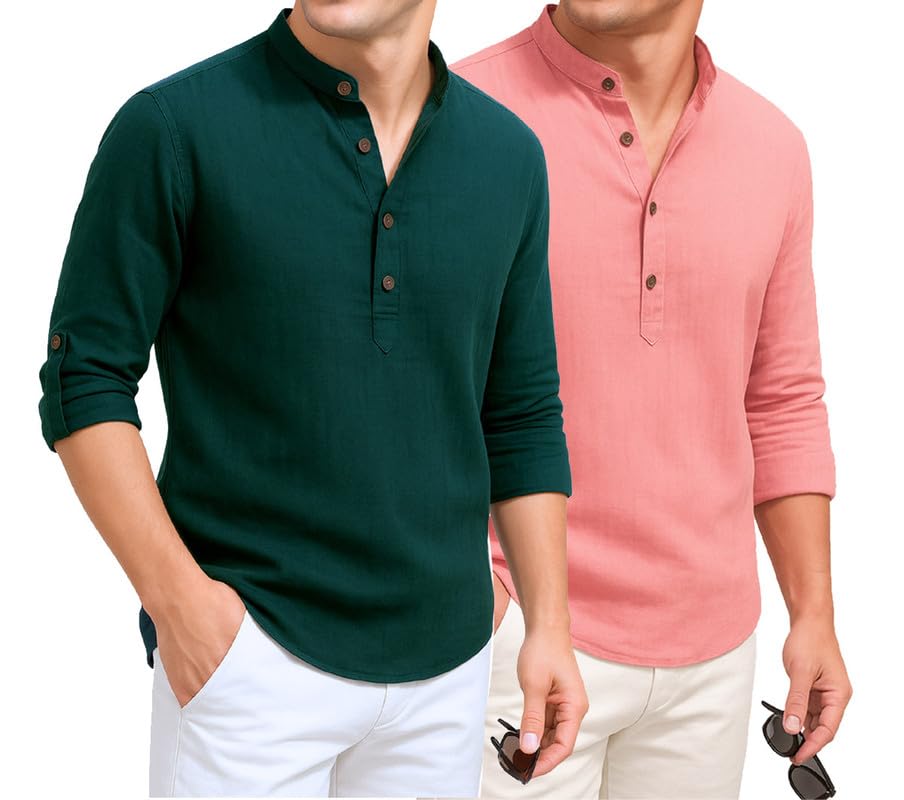 Image of DEELMO Combo of Men's Cotton Blend Solid Regular Fit Full Sleeve Short Kurta | Men's Trendy Short Kurta Pack of 2