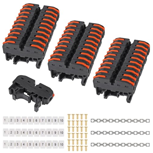 MELIFE DIN Rail Terminal Blocks Kit, 30PCS Universal Compact Wire Wiring Connector with 3pcs Marker Strip, 3pcs Connection Bar and 30pcs Screws, 28-12AWG