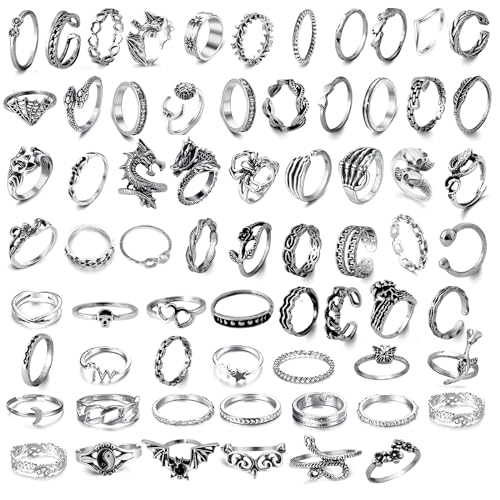 GoPaw 67 Stück Vintage Punk Ringe Set für Männer Frauen, Silber Schlangen, Stapelbare Boho Chunky Emo Fingerrings, Knuckle für Mädchen