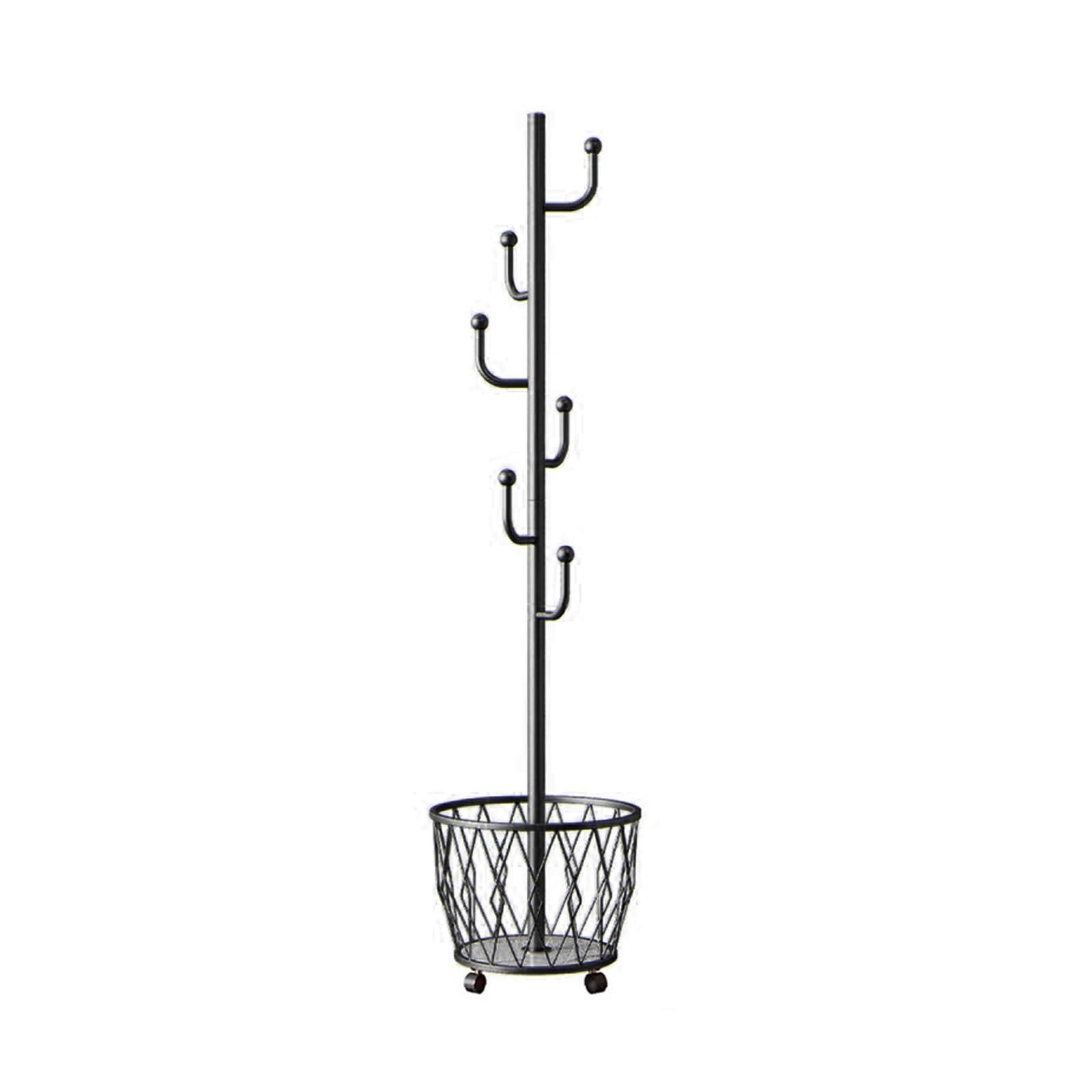 FGXHHS Freestanding Coat Rack with Basket, Modern Standing Hanger for Coats, Scarves, Hats & Bags - Stylish Black Stand (Versatile Storage Solution)