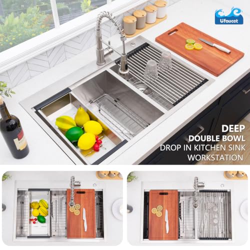 Image of 33 Inch Drop In Double Bowl Kitchen Sink, 33x22 Inch 60 /40 Topmount Workstation Sink, 16 Gauge Stainless Steel Double Basin with Included Cutting Board