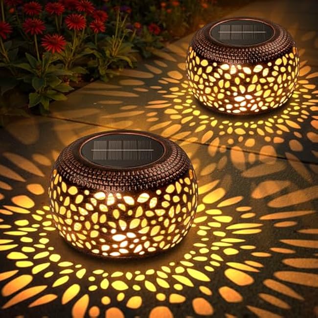 Solar Lanterns Outdoor Waterproof: 2 Pack Hollow Out Retro Metal Solar Lights - Decorative Atmosphere Table Lantern - Gifts for Women Mother's Day Garden Yard Patio Outside & Indoor Tabletop Decor