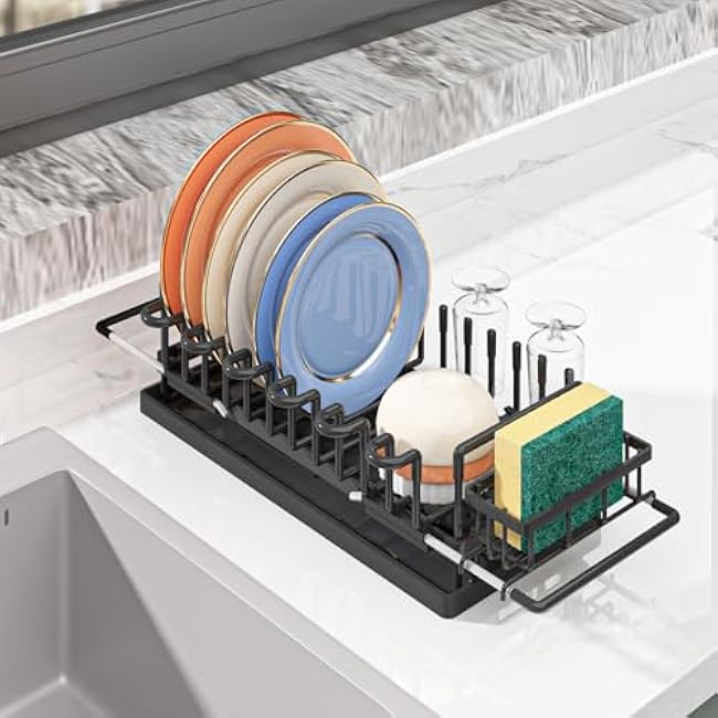 in Sink Dish Drying Rack, Expandable Dishes Racks for Kitchen Sink with Silicone Mat, Black