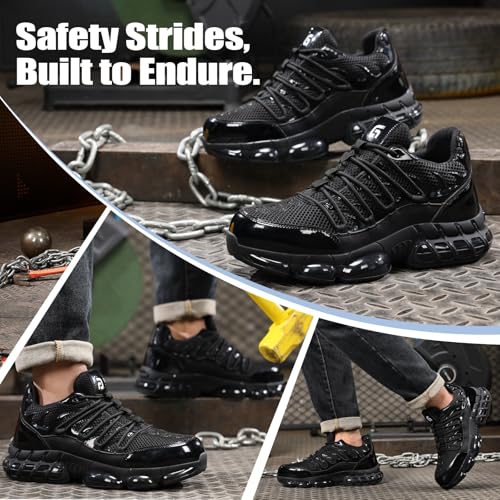 Image of Steel Toe Shoes for Men Lightweight Work Shoes Mens Breathable Puncture Proof Work Sneakers with Air Cushion Industrial Safety Construction Shoe for Men Glossy Black