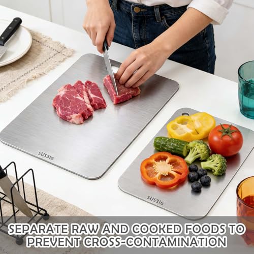 Funnity 2 Stücke Titan Schneidebrett, S316 Schneidebrett Edelstahl, Doppelseitiges Lebensmittel Grade Schneidbretter, Schneidebretter zum Schneiden von Fleisch, Brot, Gemüse und Obst 6