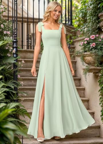Chiffon Bridesmaid Dresses with Bow Square Neck Long Maxi Modest Formal Wedding Guest Dresses for Women3