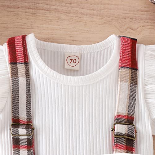Noubeau Toddler Baby Girls Plaid Outfits Short Sleeve Ribbed Shirt Tops Plaid Strap Skirt Headband Spring Summer Clothes (Red, 2-3T) #TOP3