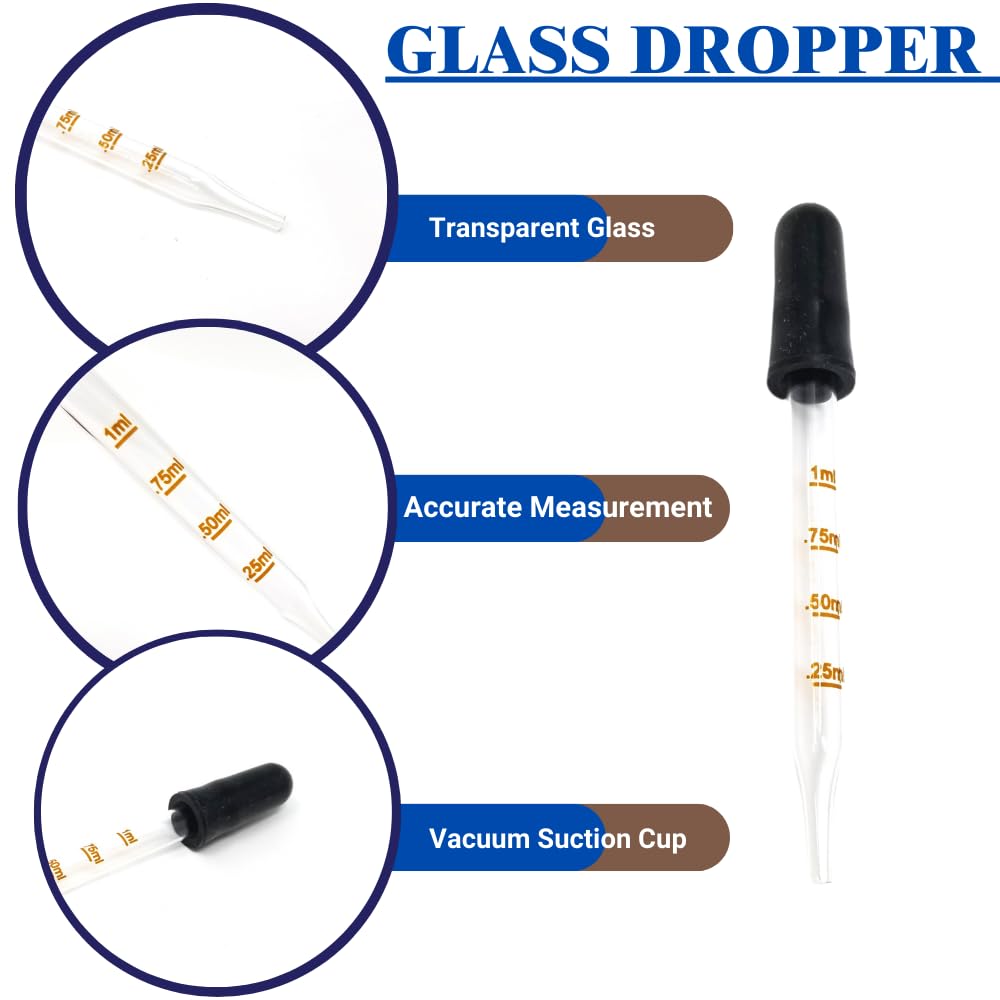 24 Pack Glass Pipette Dropper, Ear and Eye Medicine Dropper Straight Tips 1ml for Essential Oils, Lab, Health Care, Crafts, Measuring and Transferring a Variety of Liquids