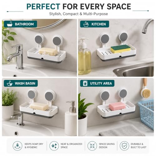 Image of Zollyss Double Soap Holder for Bathroom & Kitchen | Self Adhesive Wall Mounted Soap Dish with Drain Tray | No Drill Waterproof ABS Plastic